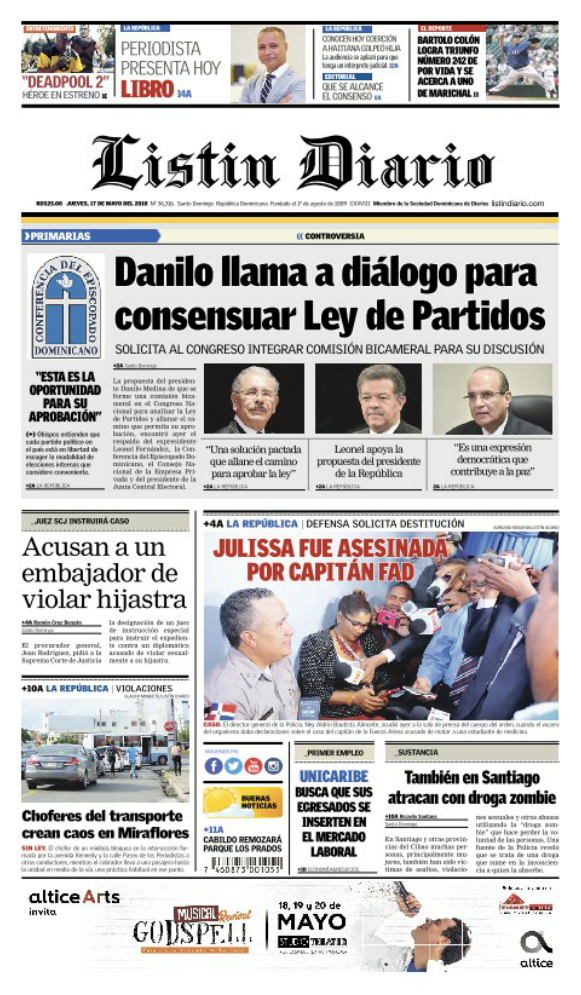 Portada Periódico Listín Diario, Jueves 17 de Mayo 2018