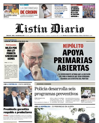 Portada Periódico Listín Diario, Lunes 07 de Mayo 2018