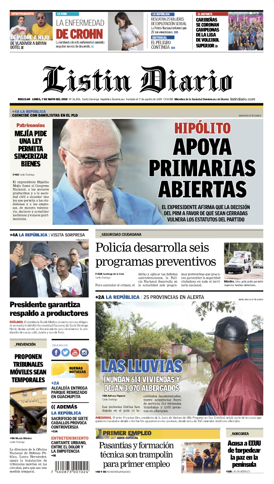 Portada Periódico Listín Diario, Lunes 07 de Mayo 2018