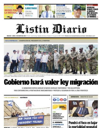 Portada Periódico Listín Diario, Lunes 14 de Mayo 2018