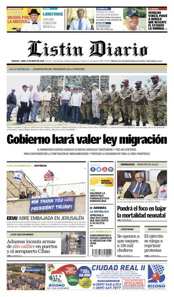 Portada Periódico Listín Diario, Lunes 14 de Mayo 2018