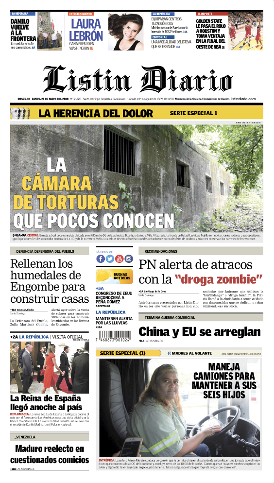 Portada Periódico Listín Diario, Lunes 21 de Mayo 2018