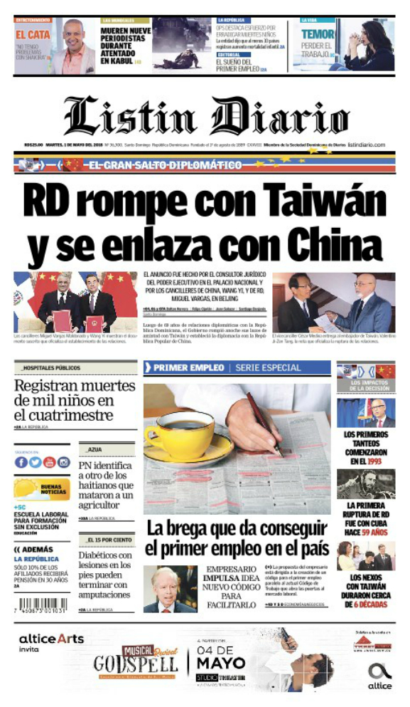 Portada Periódico Listín Diario, Martes 01 de Mayo 2018