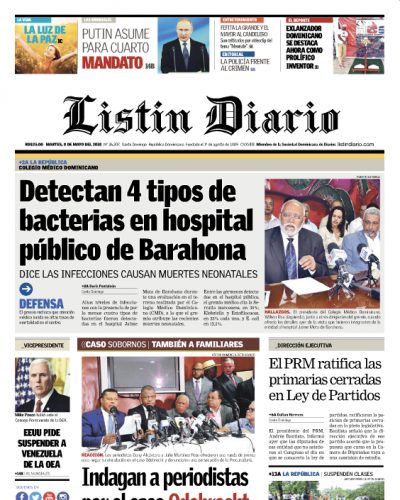 Portada Periódico Listín Diario, Martes 08 de Mayo 2018