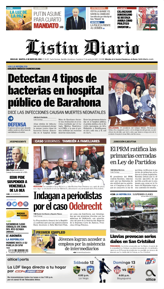 Portada Periódico Listín Diario, Martes 08 de Mayo 2018