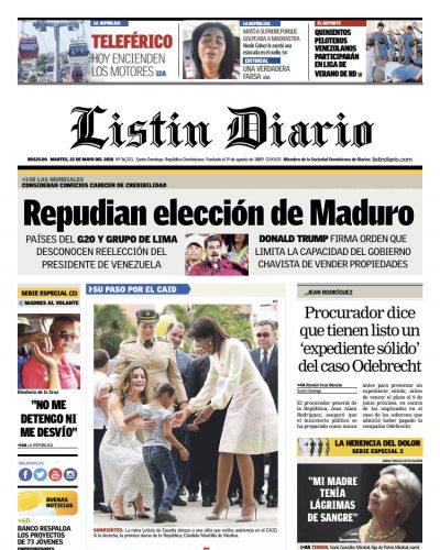 Portada Periódico Listín Diario, Martes 22 de Mayo 2018