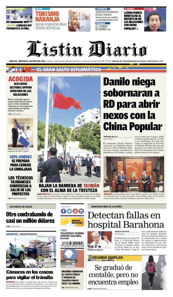 Portada Periódico Listín Diario, Miércoles 02 de Mayo 2018