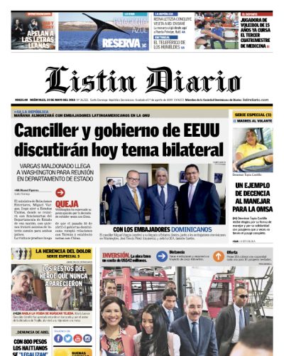 Portada Periódico Listín Diario, Miércoles 23 de Mayo 2018