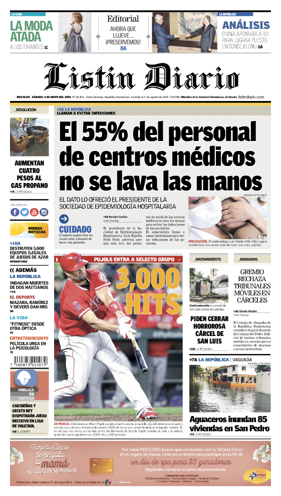 Portada Periódico Listín Diario, Sábado 05 de Mayo 2018