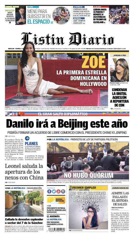 Portada Periódico Listín Diario, Viernes 04 de Mayo 2018