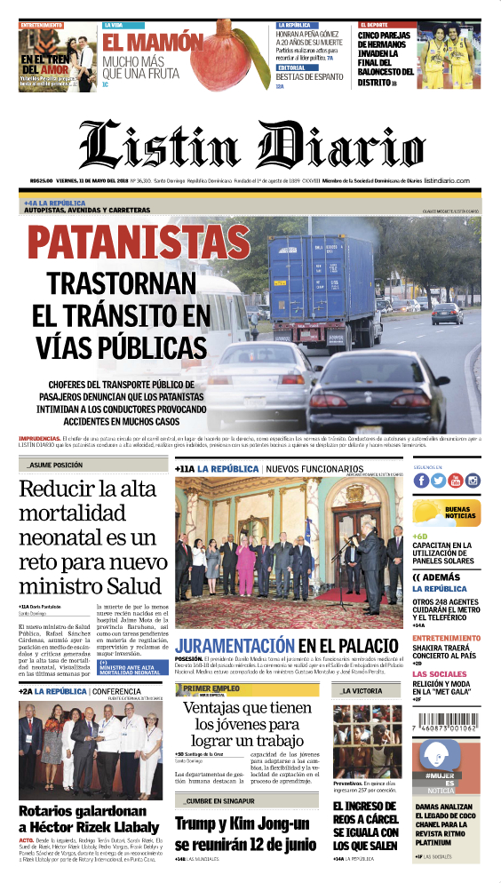 Portada Periódico Listín Diario, Viernes 11 de Mayo 2018