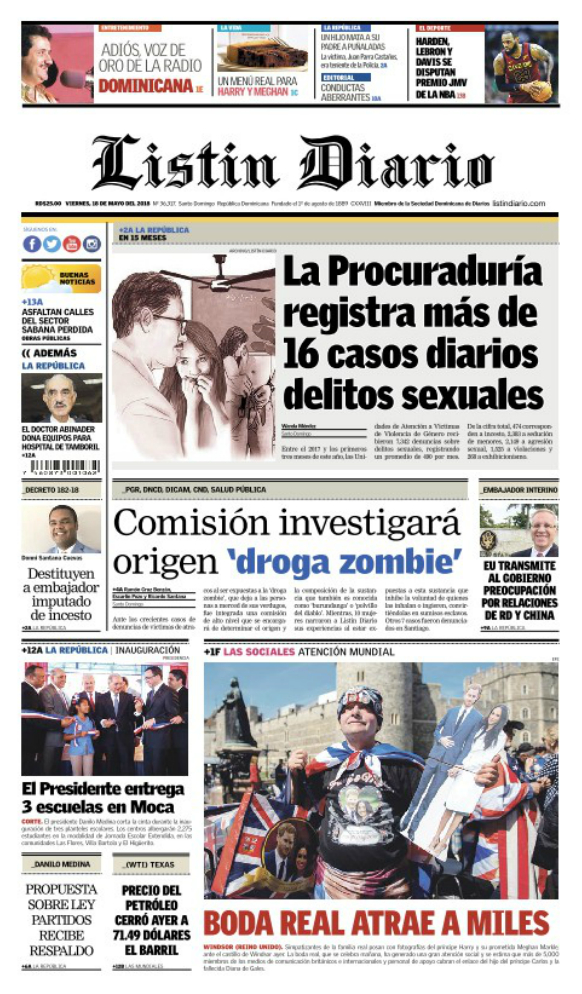 Portada Periódico Listín Diario, Viernes 18 de Mayo 2018