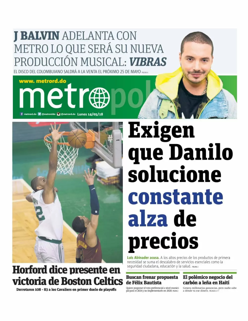 Portada Periódico Metro, Lunes 14 de Mayo 2018