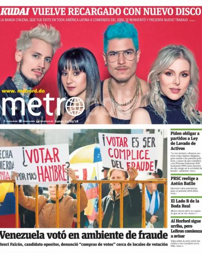 Portada Periódico Metro, Lunes 21 de Mayo 2018