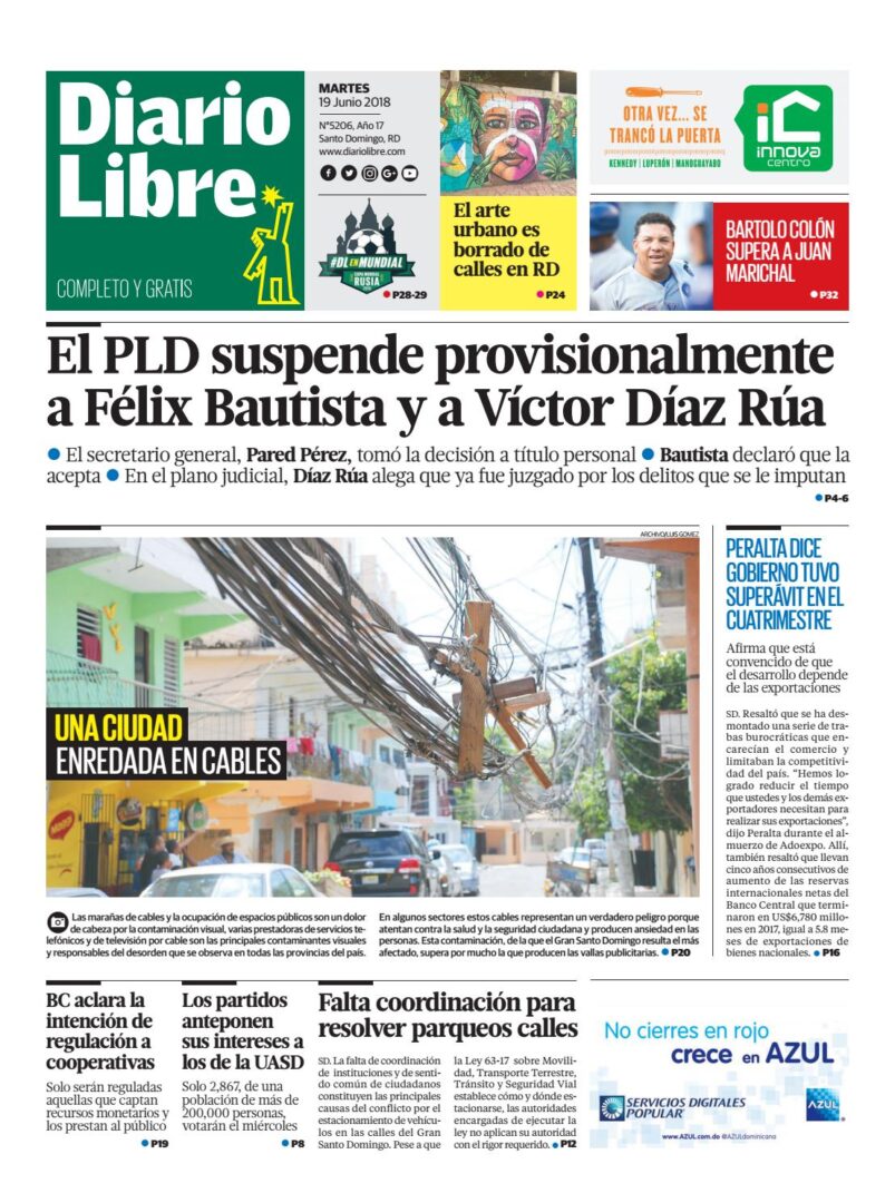 Portada Periódico Diario Libre, Martes 19 de Junio 2018