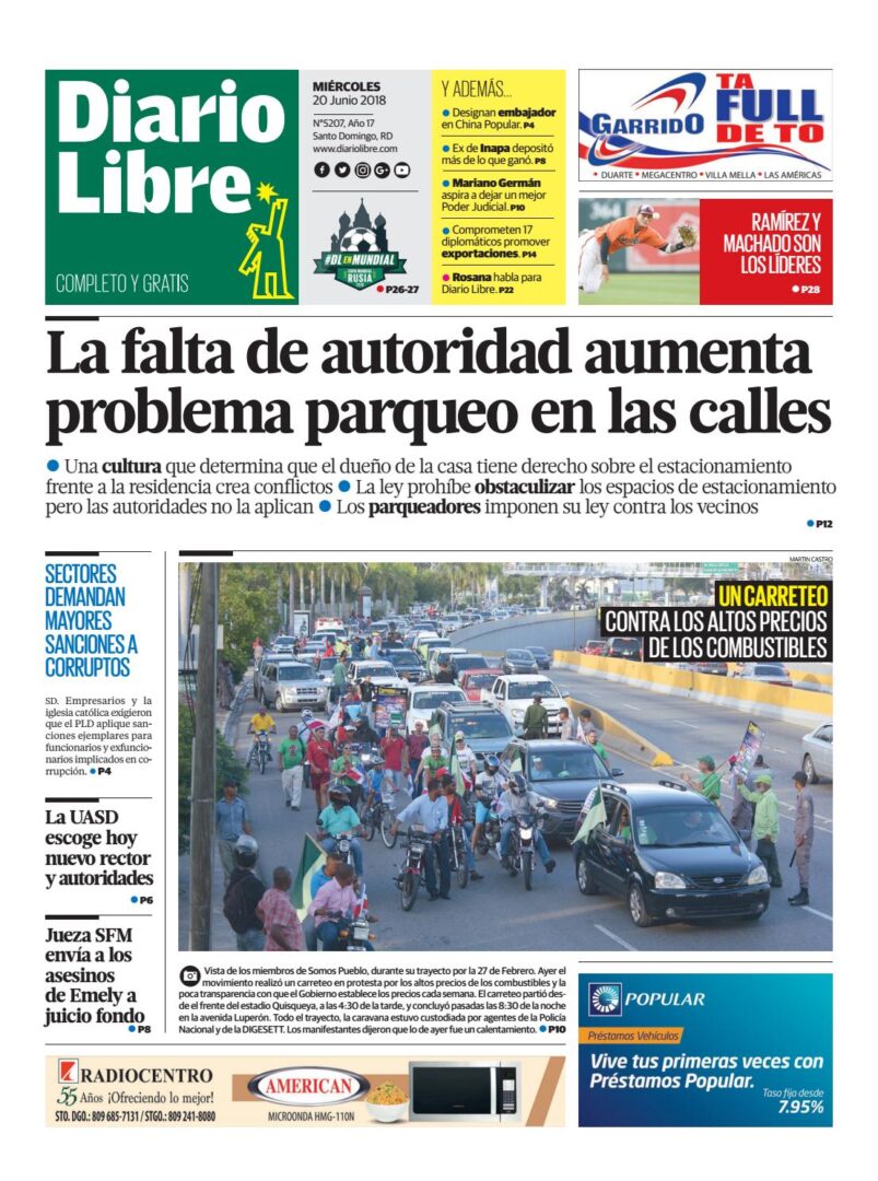 Portada Periódico Diario Libre, Miércoles 20 de Junio 2018