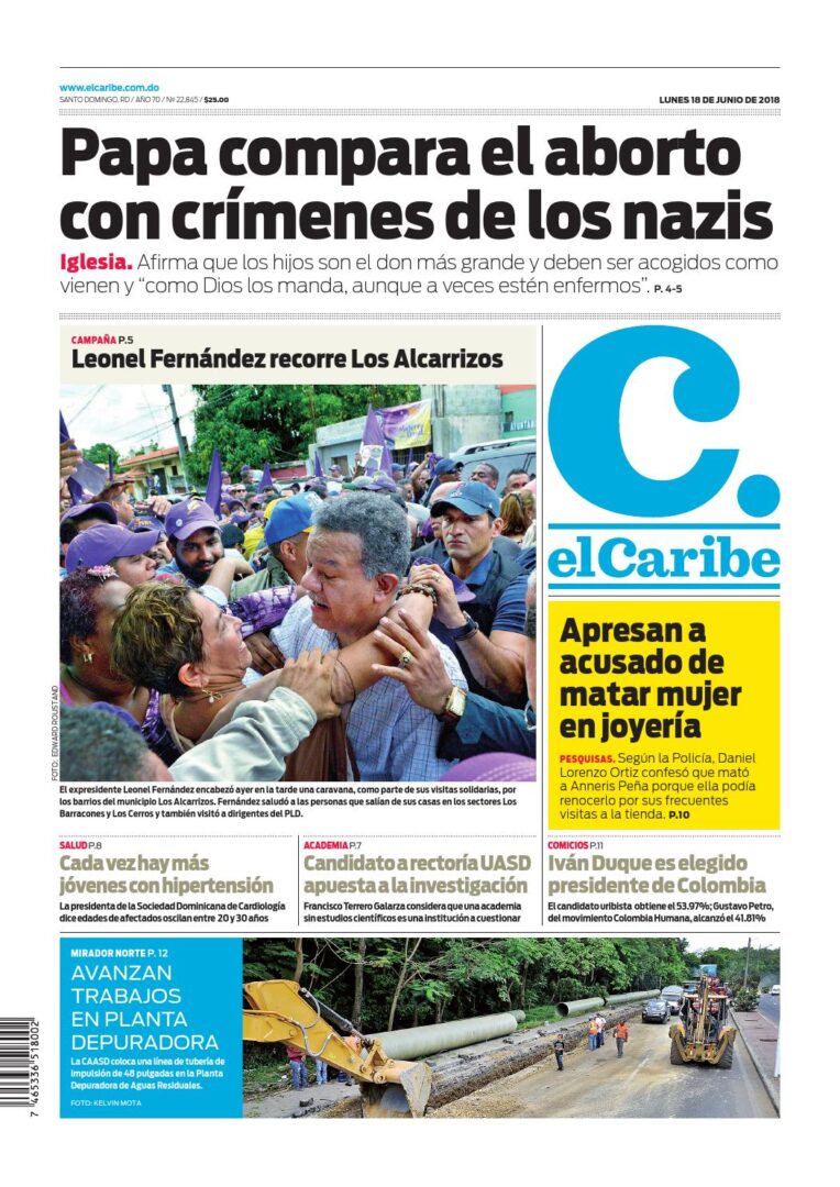 Portada Periódico El Caribe, Lunes 18 de Junio 2018