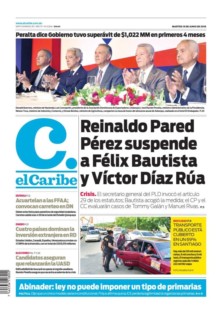 Portada Periódico El Caribe, Martes 19 de Junio 2018