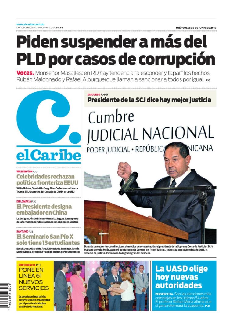 Portada Periódico El Caribe, Miércoles 20 de Junio 2018