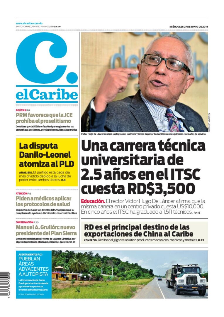 Portada Periódico El Caribe, Miércoles 27 de Junio 2018
