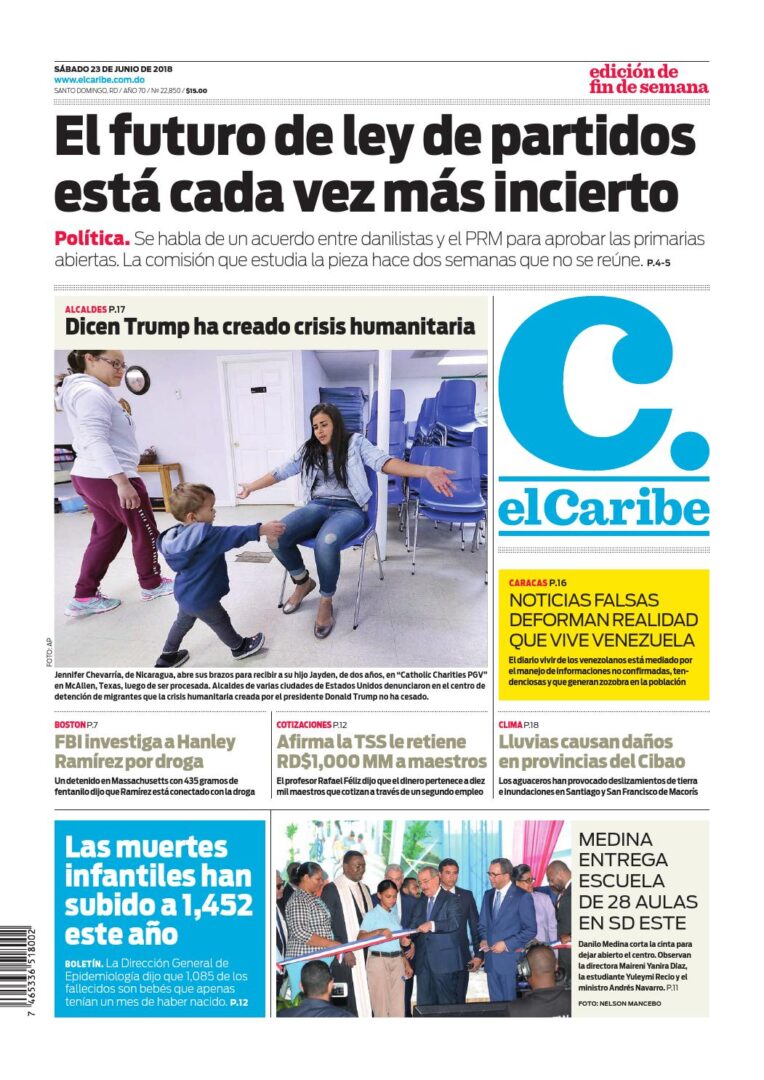 Portada Periódico El Caribe, Sábado 23 de Junio 2018