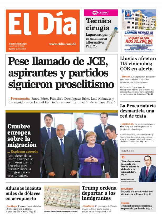 Portada Periódico El Día, Lunes 25 de Junio 2018
