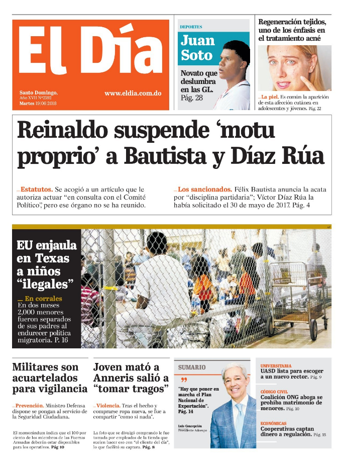 Portada Periódico El Día, Martes 19 de Junio 2018