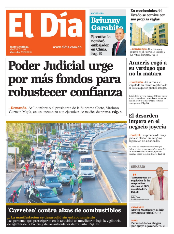 Portada Periódico El Día, Miércoles 20 de Junio 2018