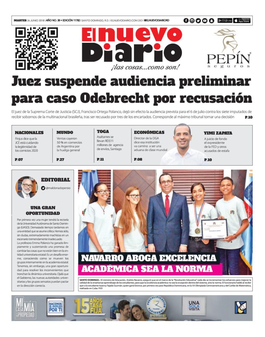 Portada Periódico El Nuevo Diario, Martes 26 de Junio 2018