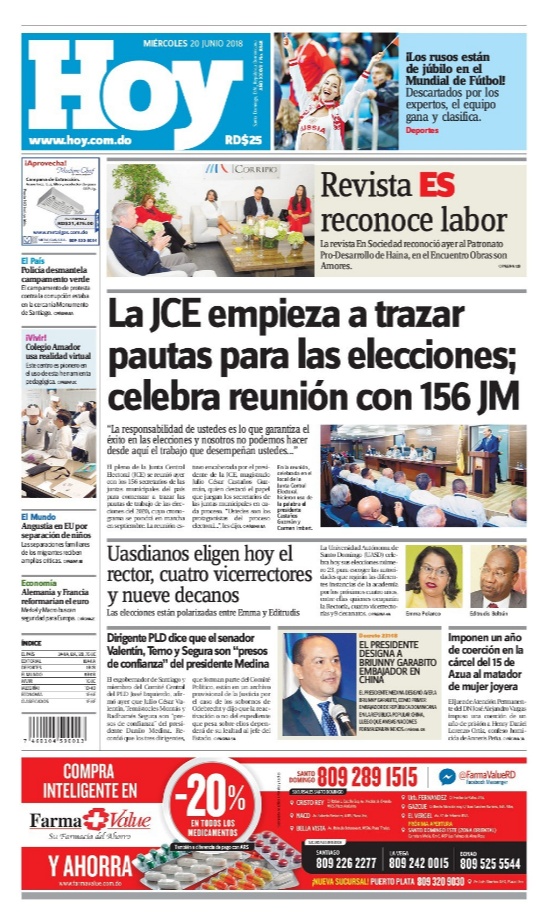 Portada Periódico Hoy, Miércoles 20 de Junio 2018