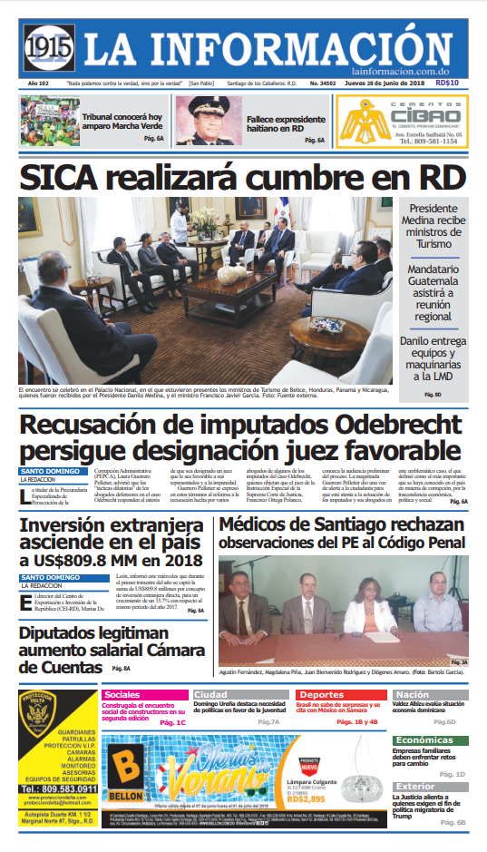 Portada Periódico La Información, Jueves 28 de Junio 2018