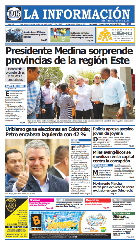 Portada Periódico La Información, Lunes 18 de Junio 2018