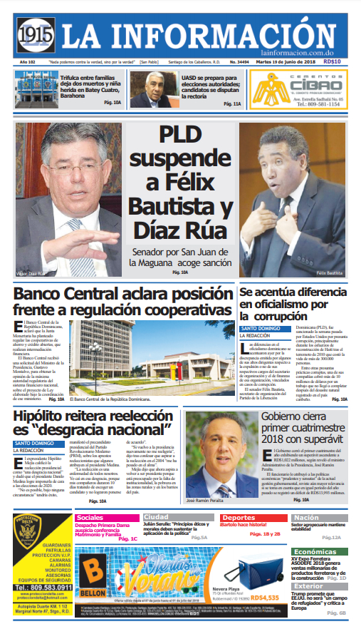 Portada Periódico La Información, Martes 19 de Junio 2018