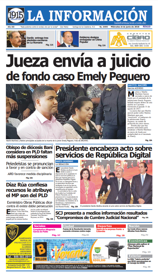 Portada Periódico La Información, Miércoles 20 de Junio 2018