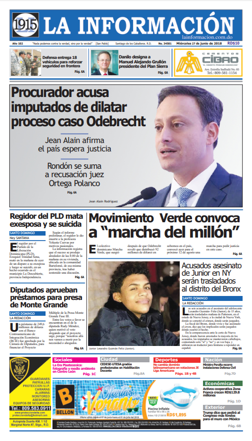Portada Periódico La Información, Miércoles 27 de Junio 2018