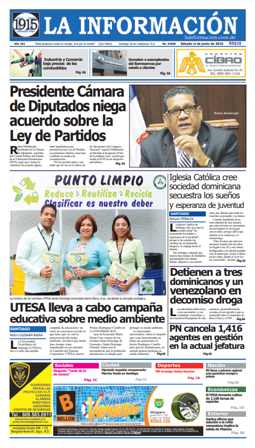 Portada Periódico La Información, Sábado 23 de Junio 2018