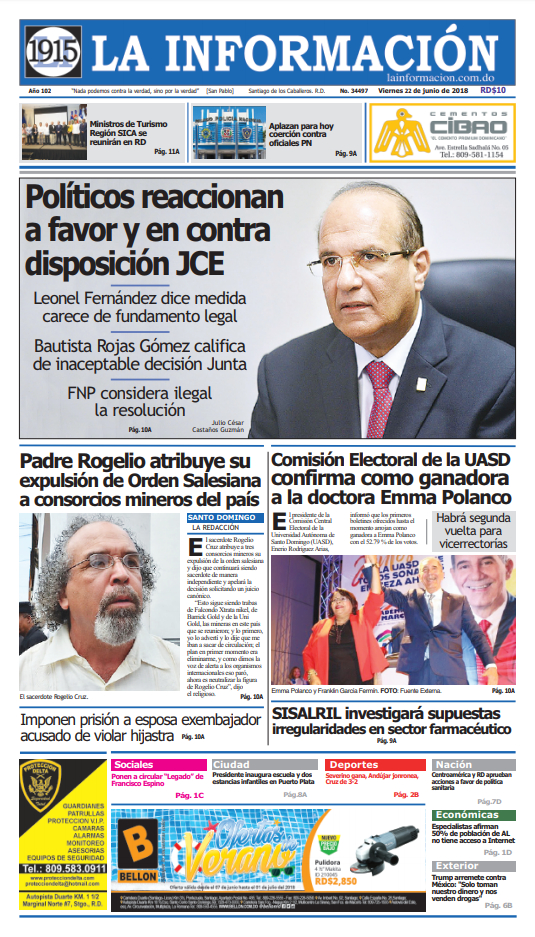 Portada Periódico La Información, Viernes 22 de Junio 2018