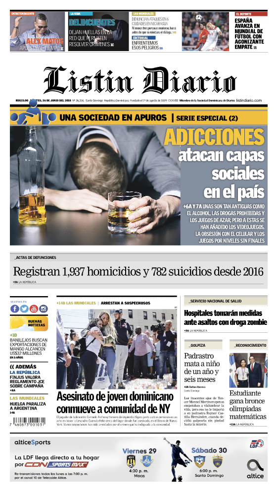 Portada Periódico Listín Diario, Martes 26 de Junio 2018