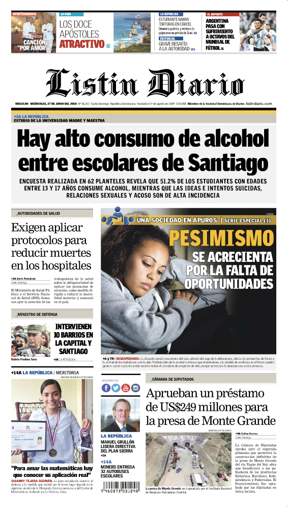 Portada Periódico Listín Diario, Miércoles 27 de Junio 2018