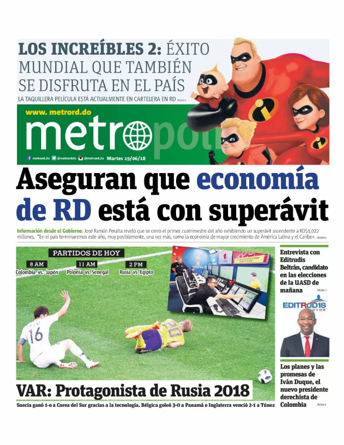 Portada Periódico Metro, Martes 19 de Junio 2018