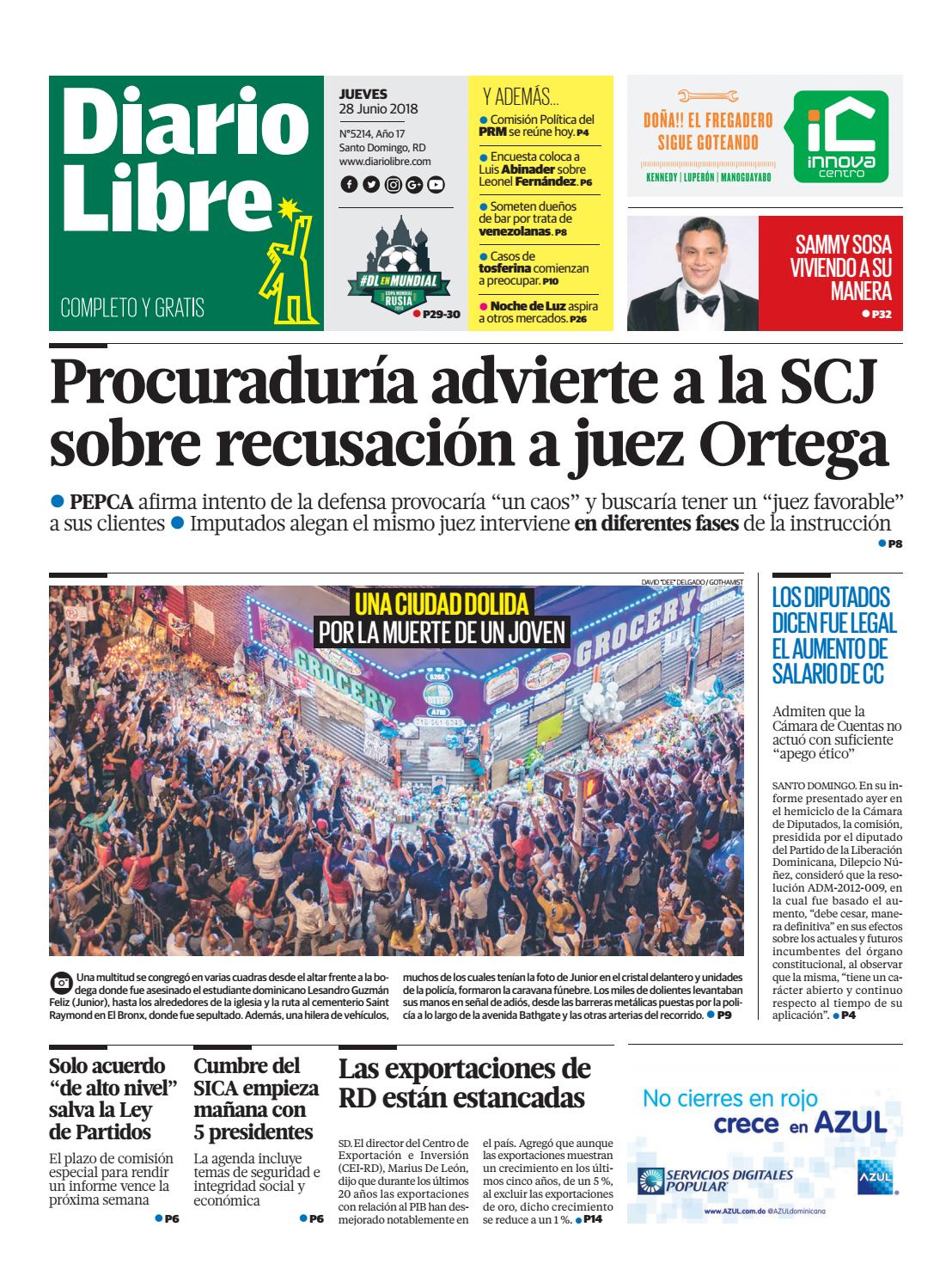 Portada Periódico Diario Libre, Jueves 28 de Junio 2018