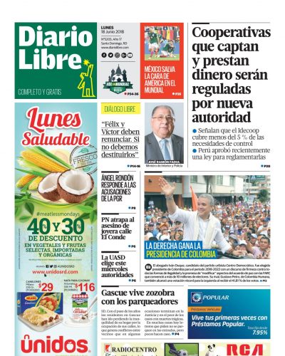 Portada Periódico Diario Libre, Lunes 18 de Junio 2018