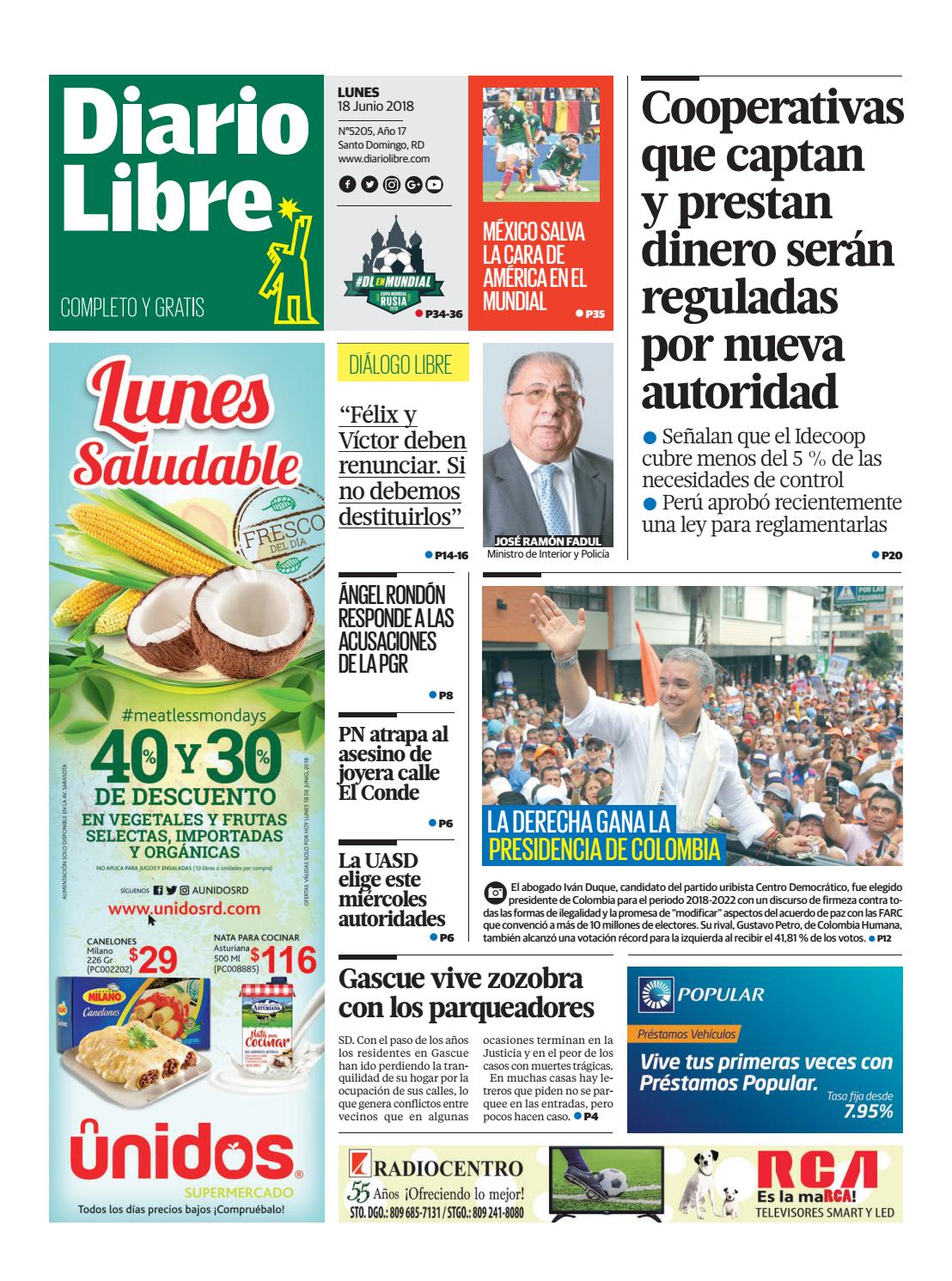 Portada Periódico Diario Libre, Lunes 18 de Junio 2018