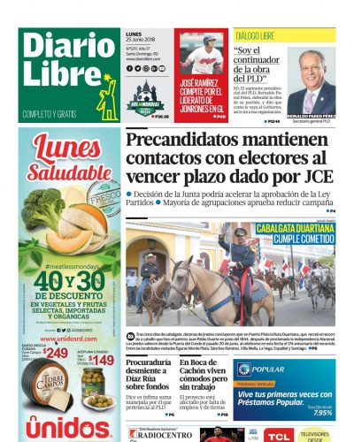 Portada Periódico Diario Libre, Lunes 25 de Junio 2018