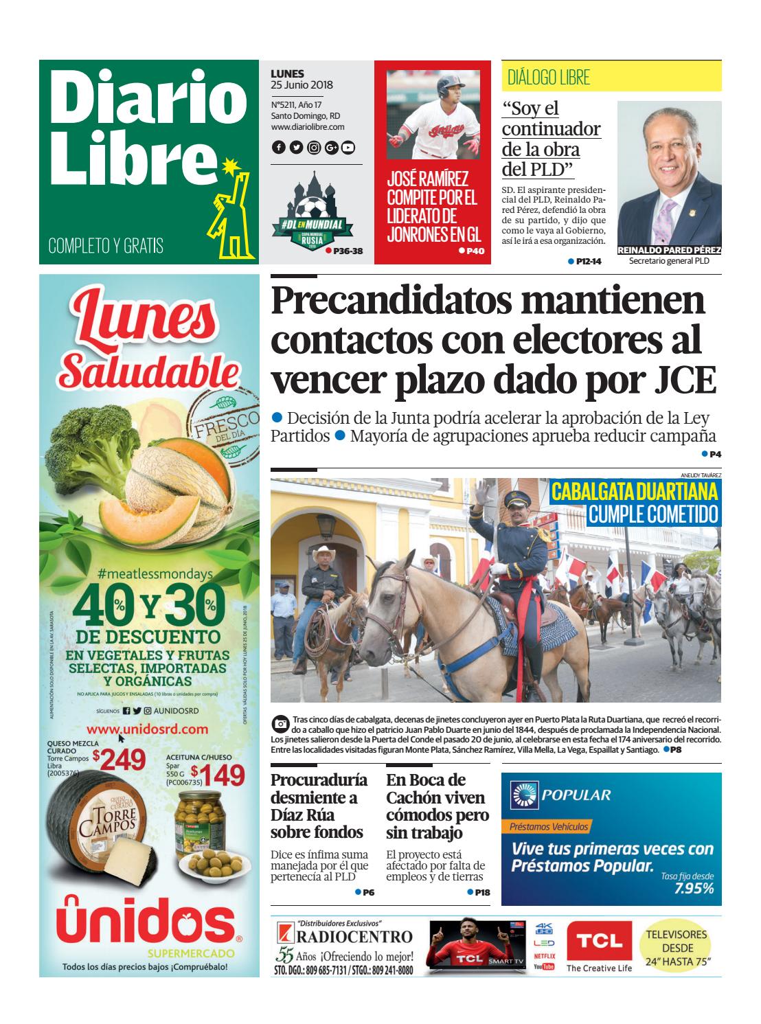 Portada Periódico Diario Libre, Lunes 25 de Junio 2018