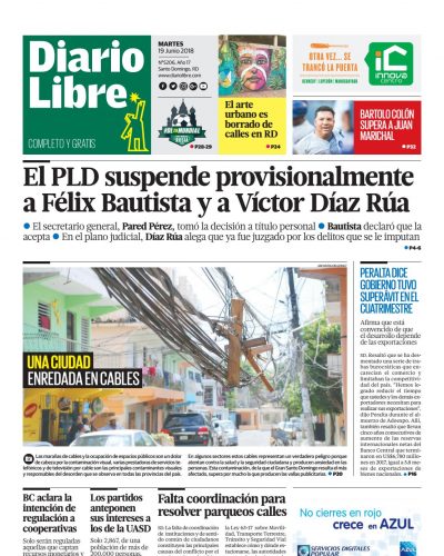 Portada Periódico Diario Libre, Martes 19 de Junio 2018