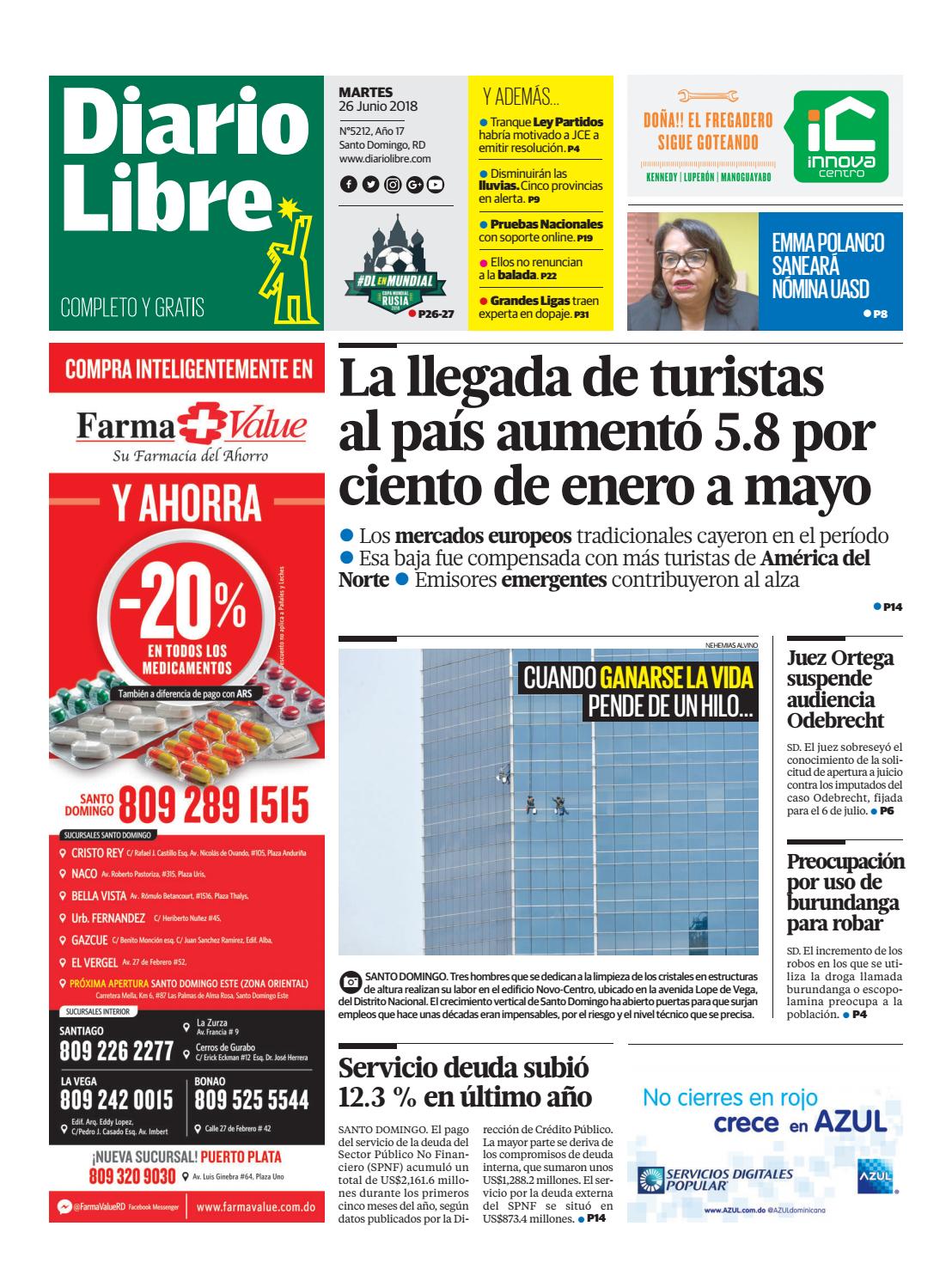 Portada Periódico Diario Libre, Martes 26 de Junio 2018