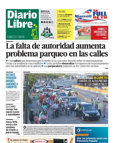Portada Periódico Diario Libre, Miércoles 20 de Junio 2018
