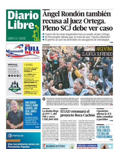 Portada Periódico Diario Libre, Miércoles 27 de Junio 2018