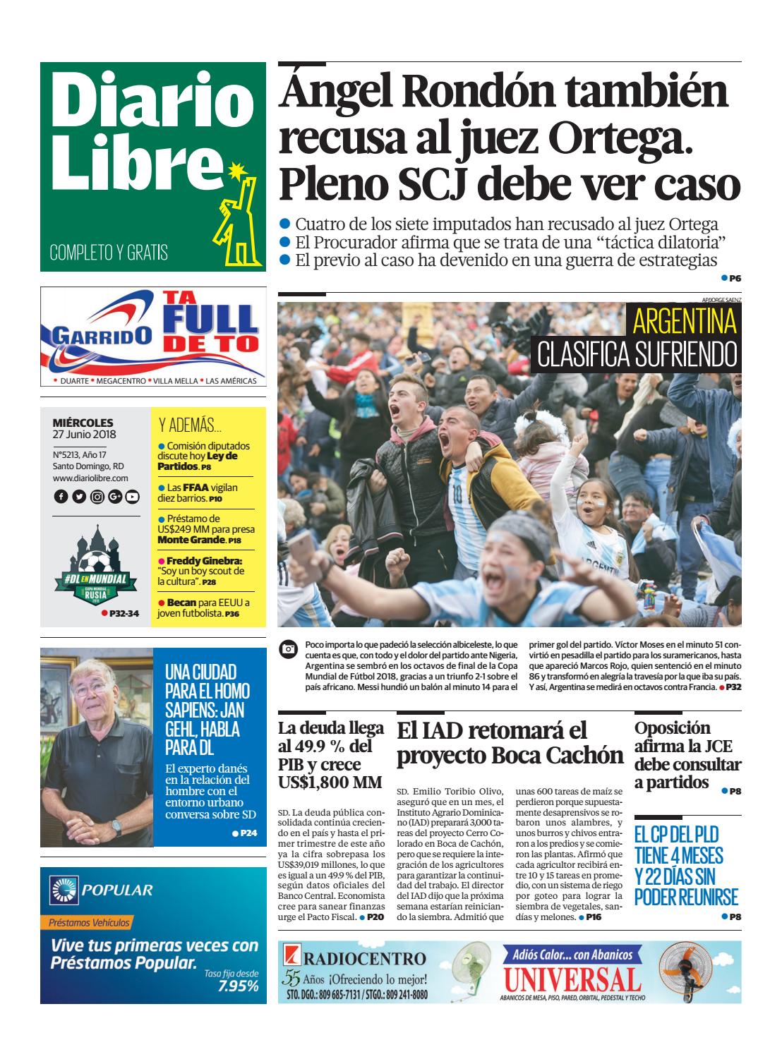 Portada Periódico Diario Libre, Miércoles 27 de Junio 2018